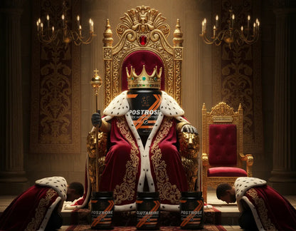 Postrose product dressed up like a person in a throne-like chair with a crown, surrounded by ornate furniture and chandeliers.