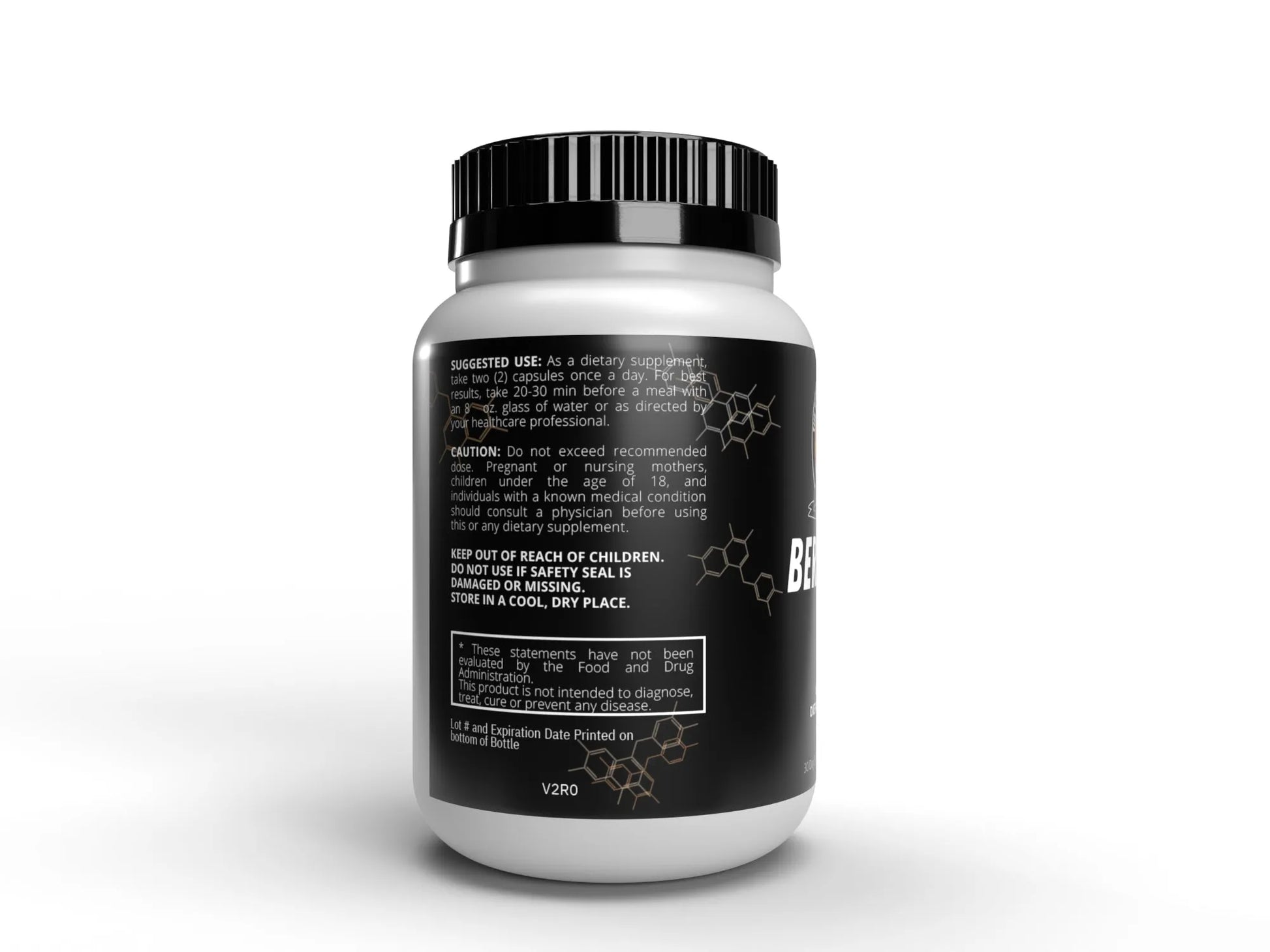 Suggested use of berberine for best performance and results on a white bottle with black lid and a white background