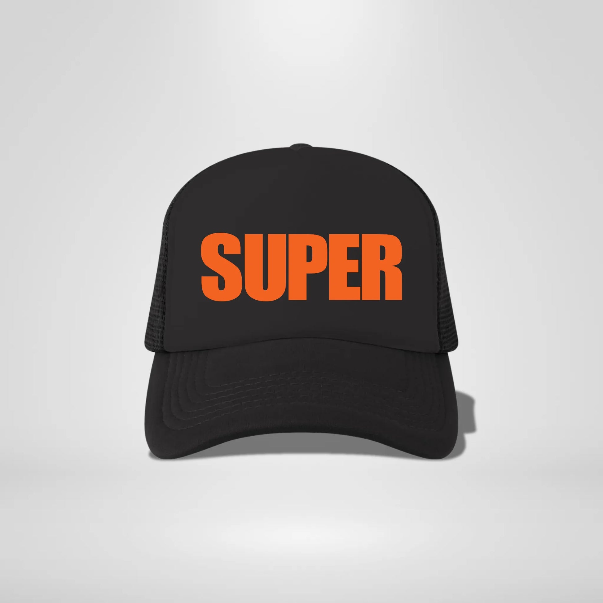 Black super trucker hat with a white background. 