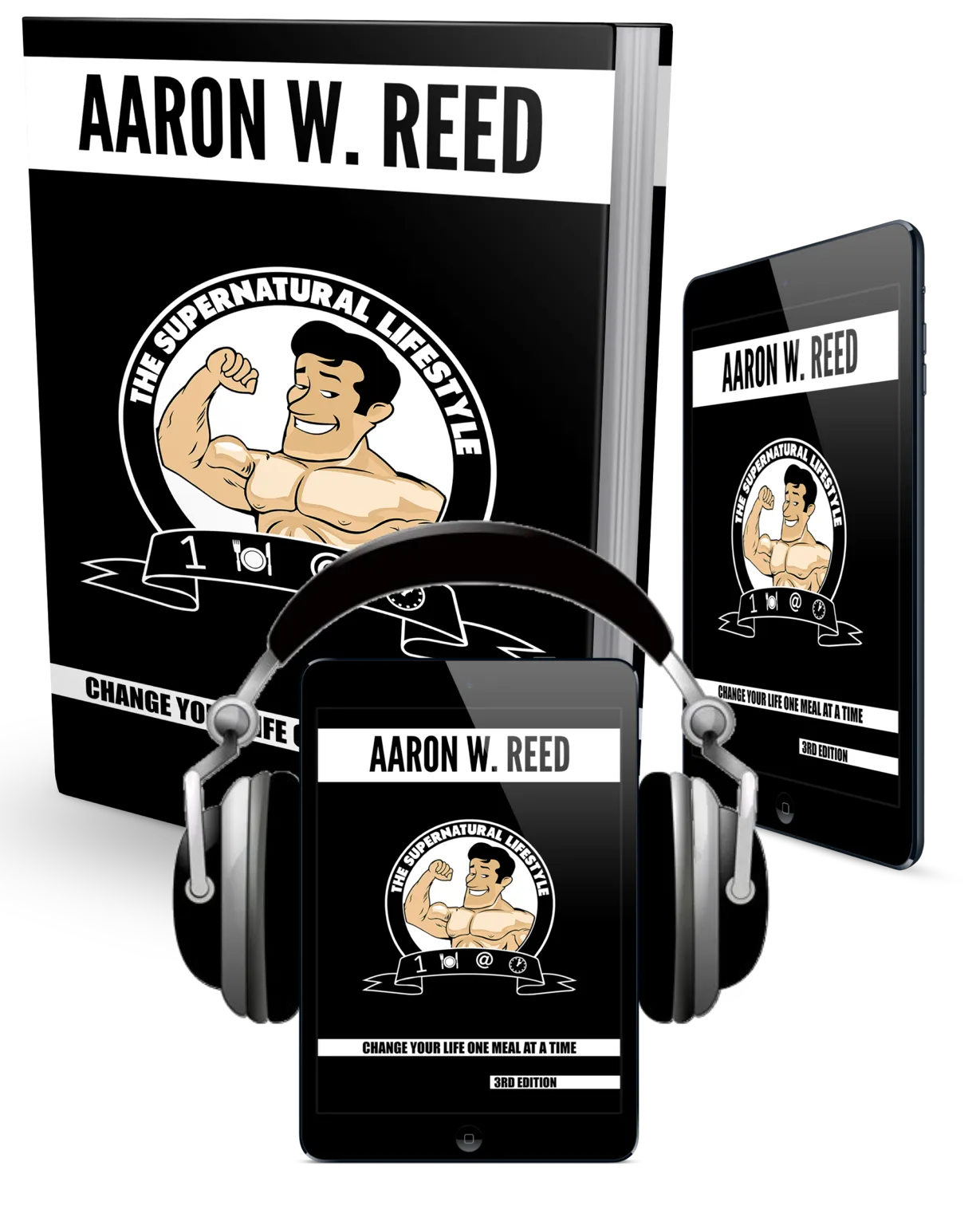 Books and phone case with 'Aaron W. Reed' branding and a fitness-themed design.