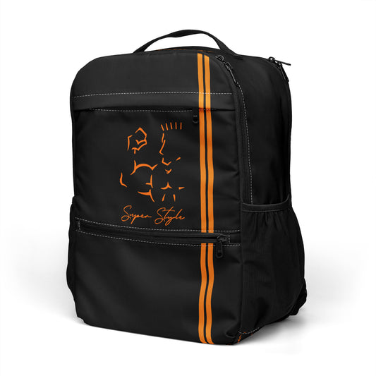 Black utility backpack with laptop compartment and adjustable straps - front left view