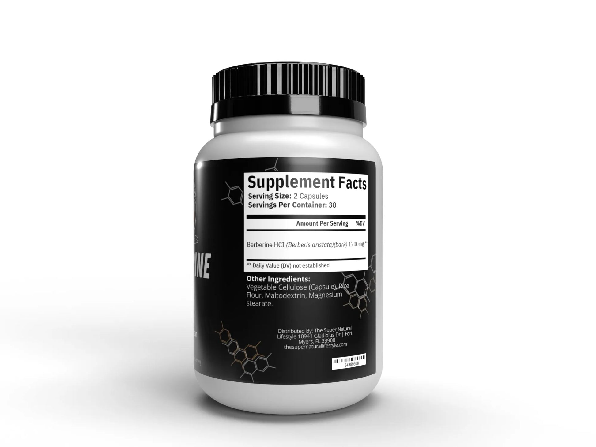 Berberine supplement facts on a white bottle with a black lid on a white background
