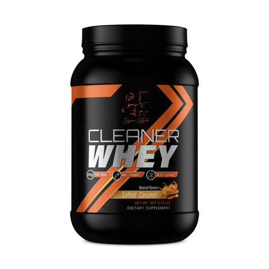 Black and orange container of 'Cleaner Whey' supplement on a white background