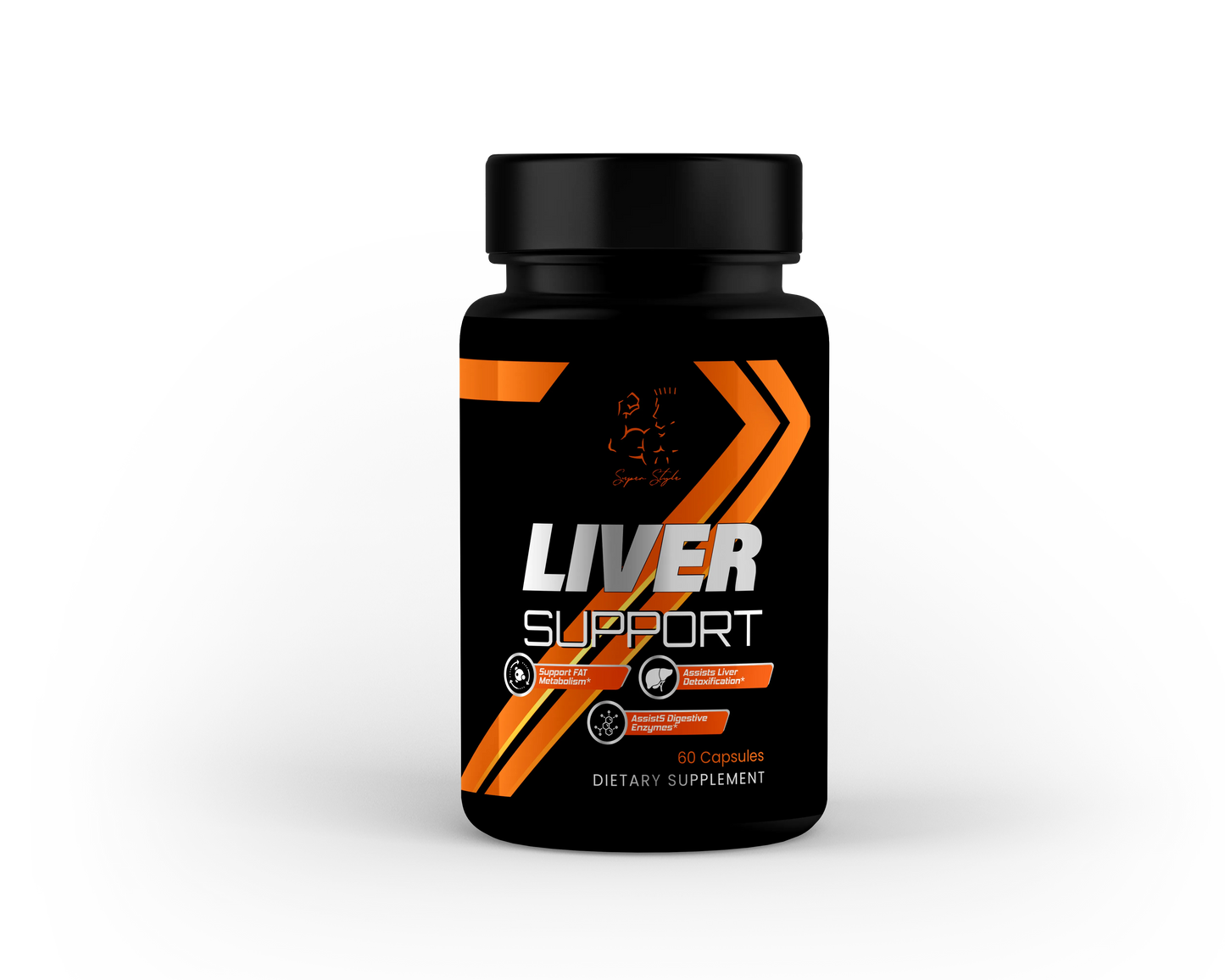 A bottle of Liver Support supplement with black and orange label, containing 60 capsules, designed for liver health.