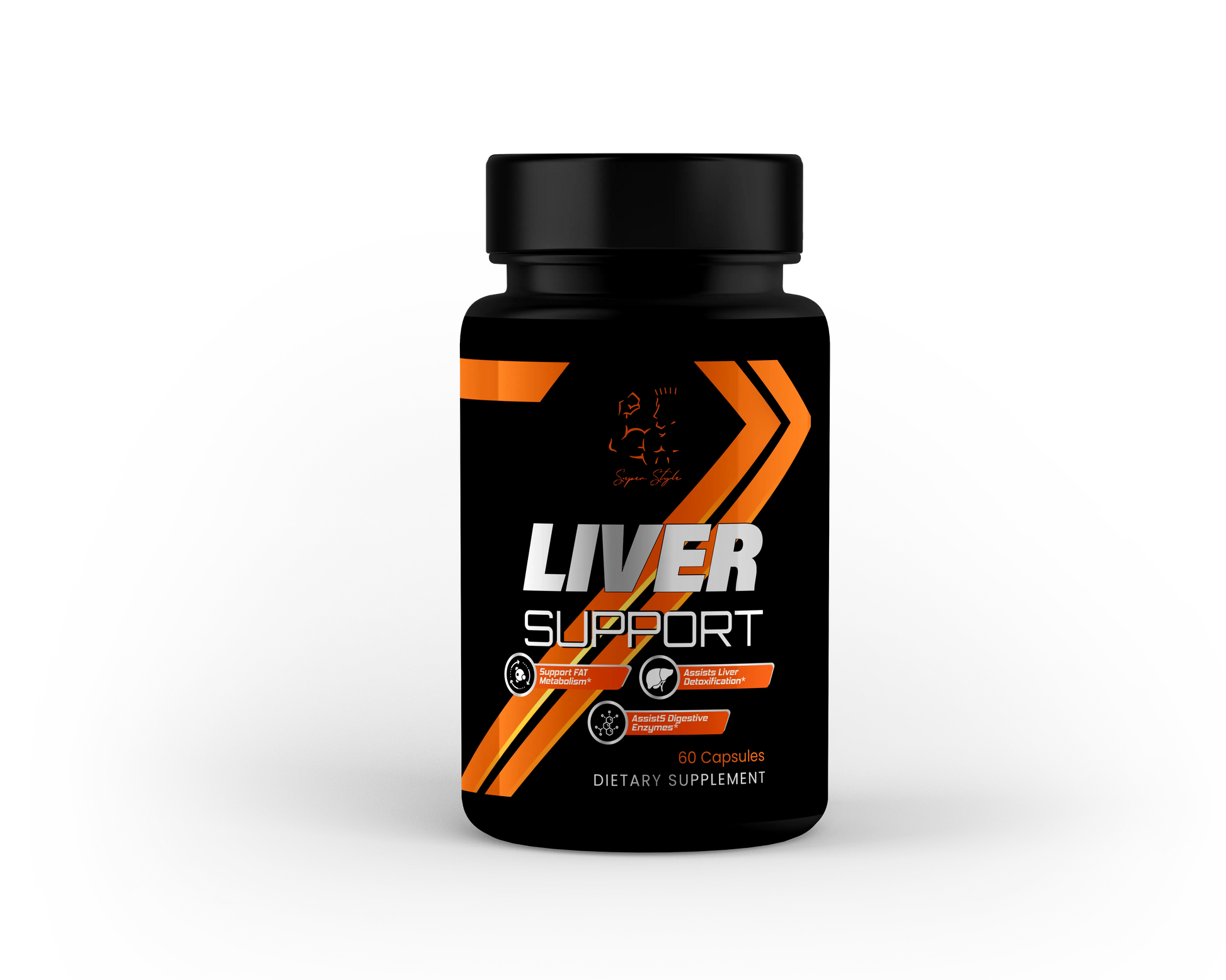 A bottle of Liver Support supplement with black and orange label, containing 60 capsules, designed for liver health.