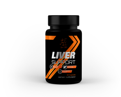 A bottle of Liver Support supplement with black and orange label, containing 60 capsules, designed for liver health.