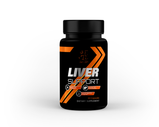 A bottle of Liver Support supplement with black and orange label, containing 60 capsules, designed for liver health.