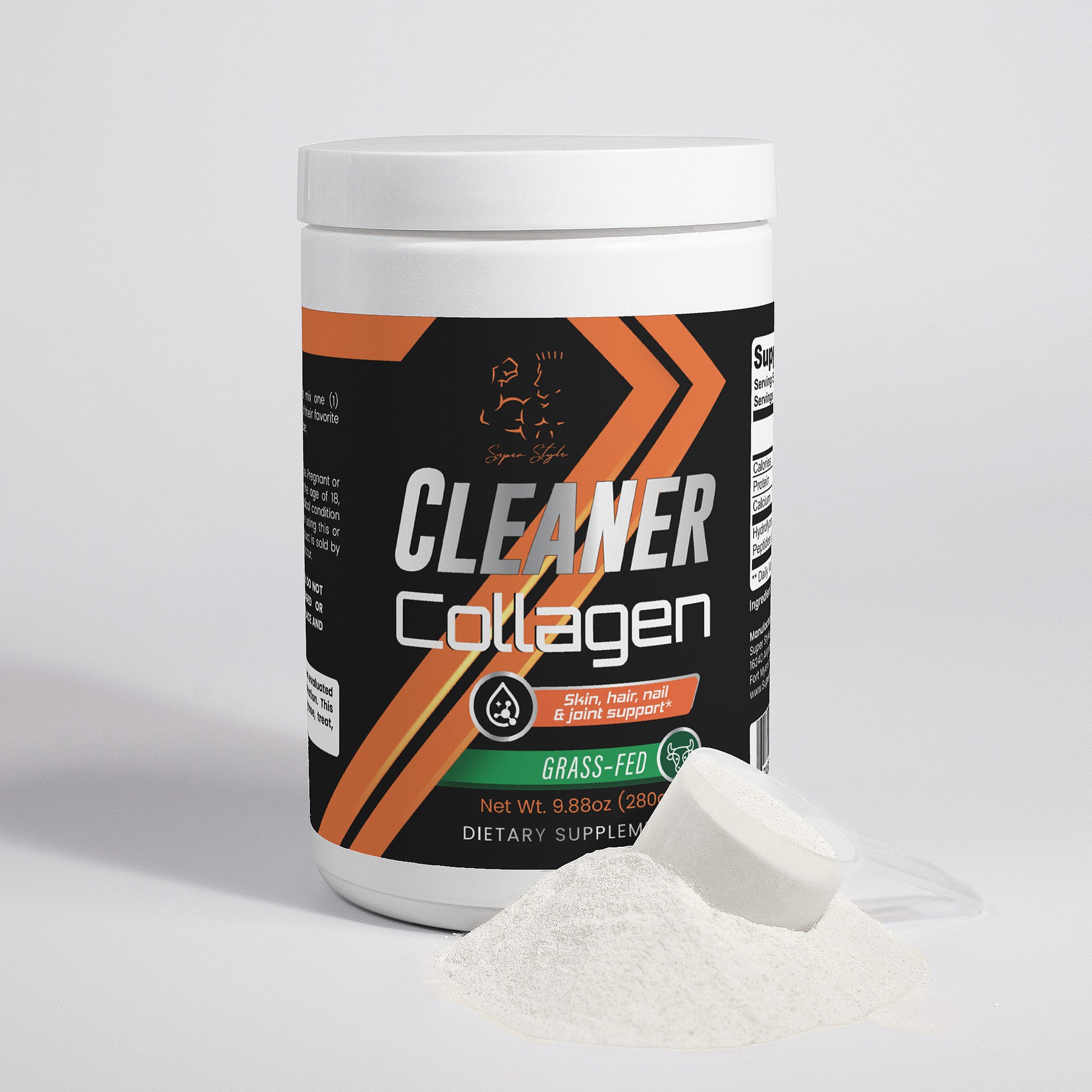 Cleaner Collagen Peptides bottle shown with collagen powder