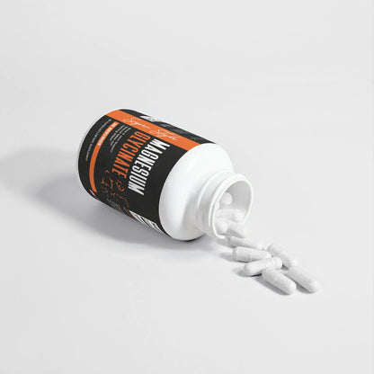 Magnesium Glycinate supplement bottle with capsules spilled out on white surface, showcasing Super Style packaging and product design