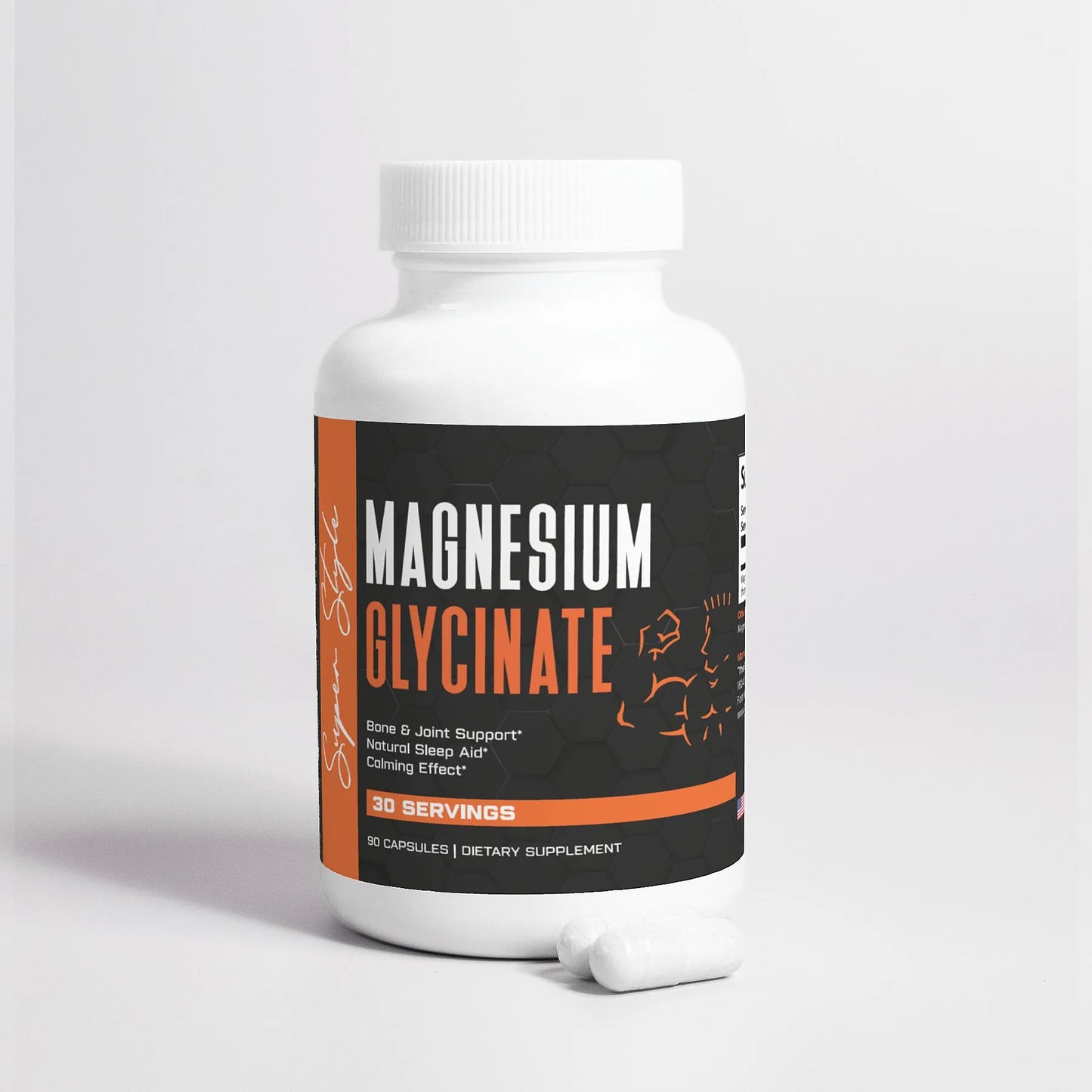 Magnesium Glycinate supplement by Super Style with 90 capsules for bone and joint support, natural sleep aid, and calming effect.