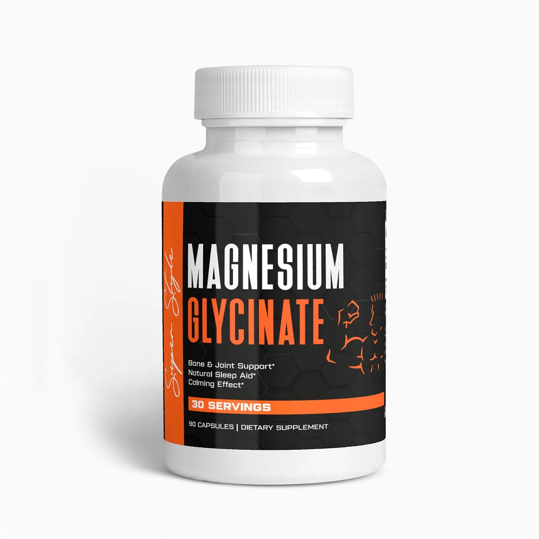 Magnesium Glycinate supplement by Super Style with 90 capsules for bone and joint support, natural sleep aid, and calming effect.