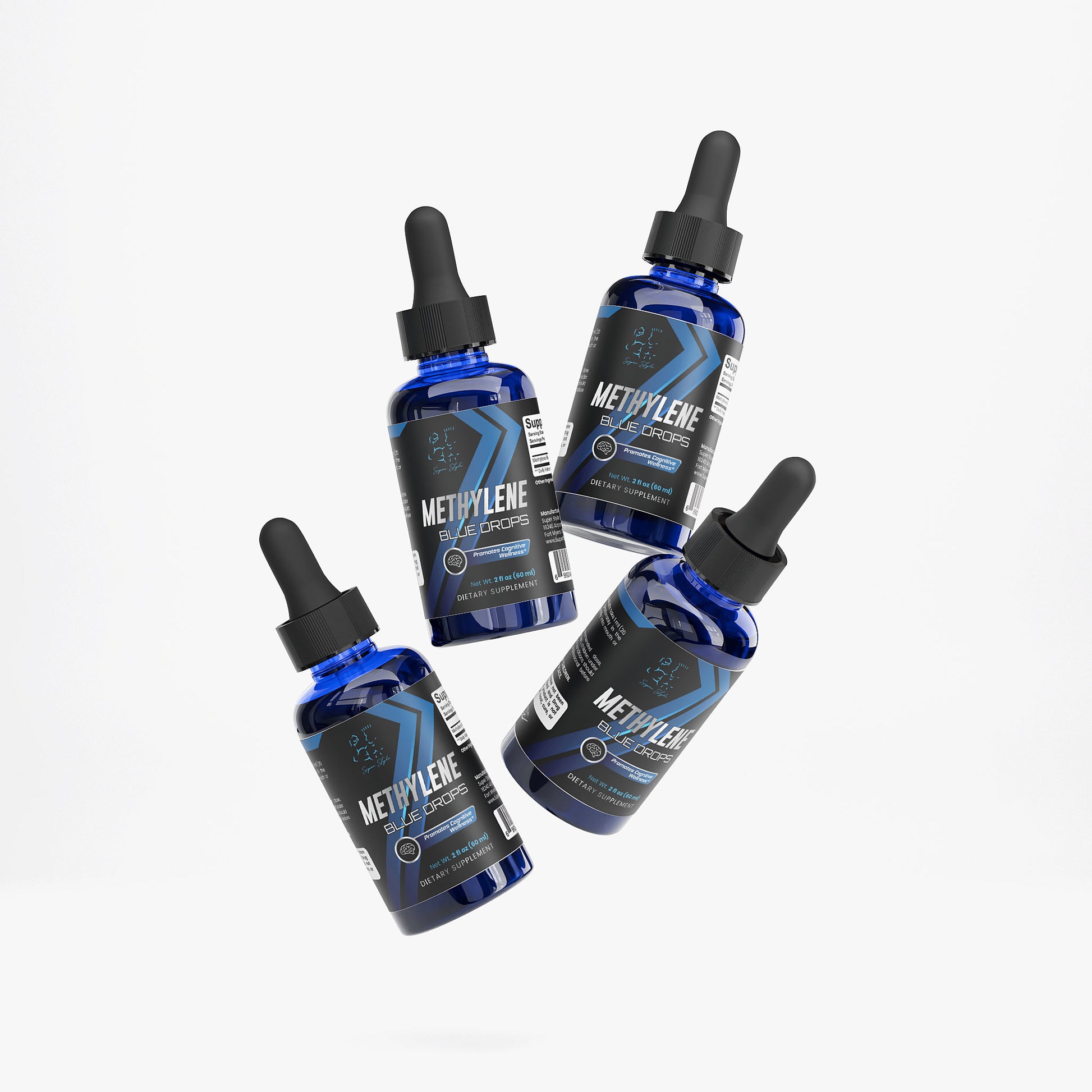 Multiple Methylene Blue Drops supplement bottles shown together