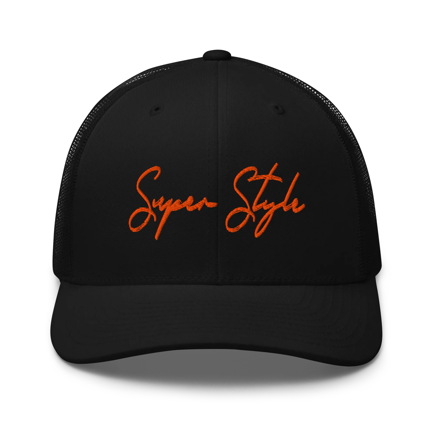 Black cap with 'Super Style' in orange on a white background
