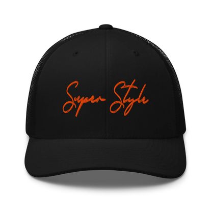 Black cap with 'Super Style' in orange on a white background