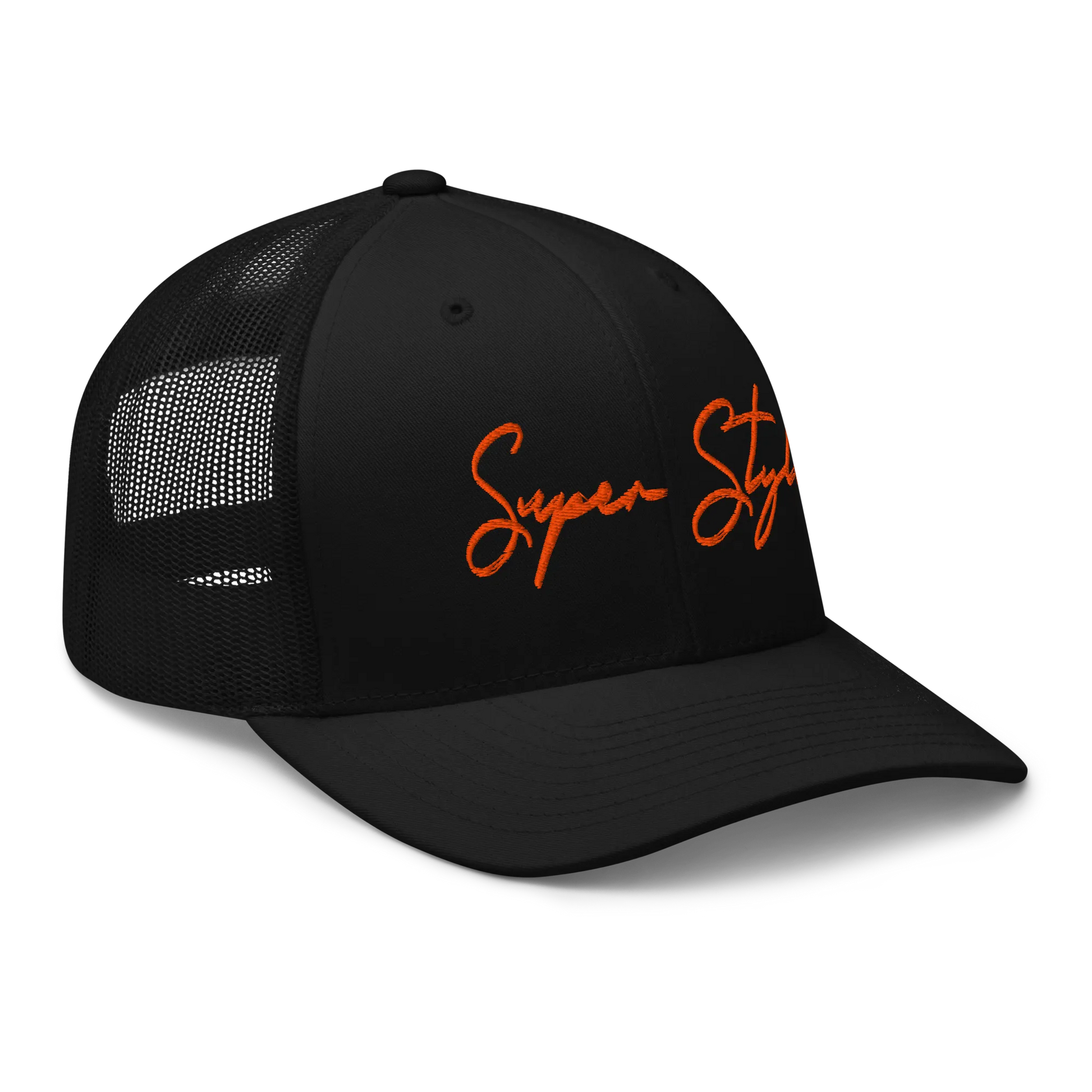 Black trucker cap with red 'Super Sty' text on a white background