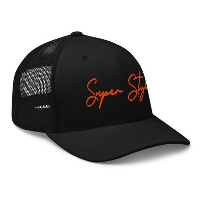Black trucker cap with red 'Super Sty' text on a white background