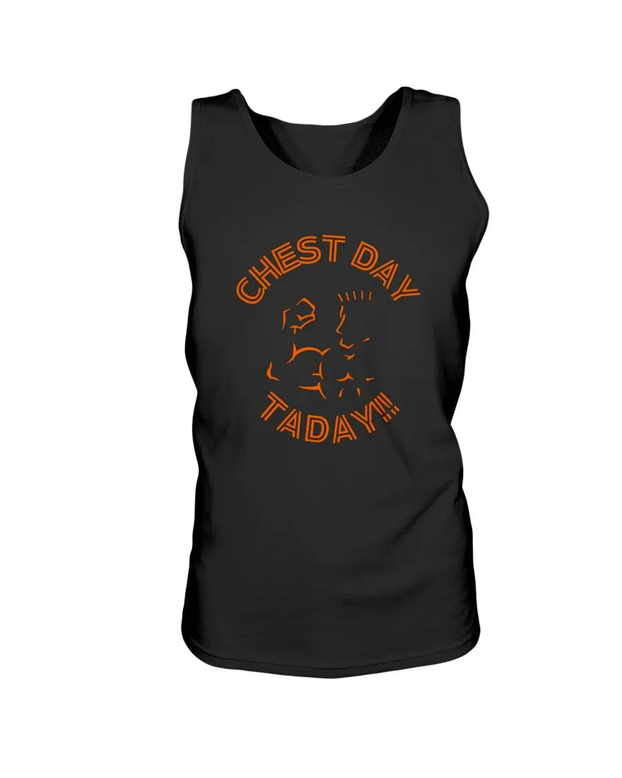 Black Chest Day Taday tank top front view with orange Super Style graphic design