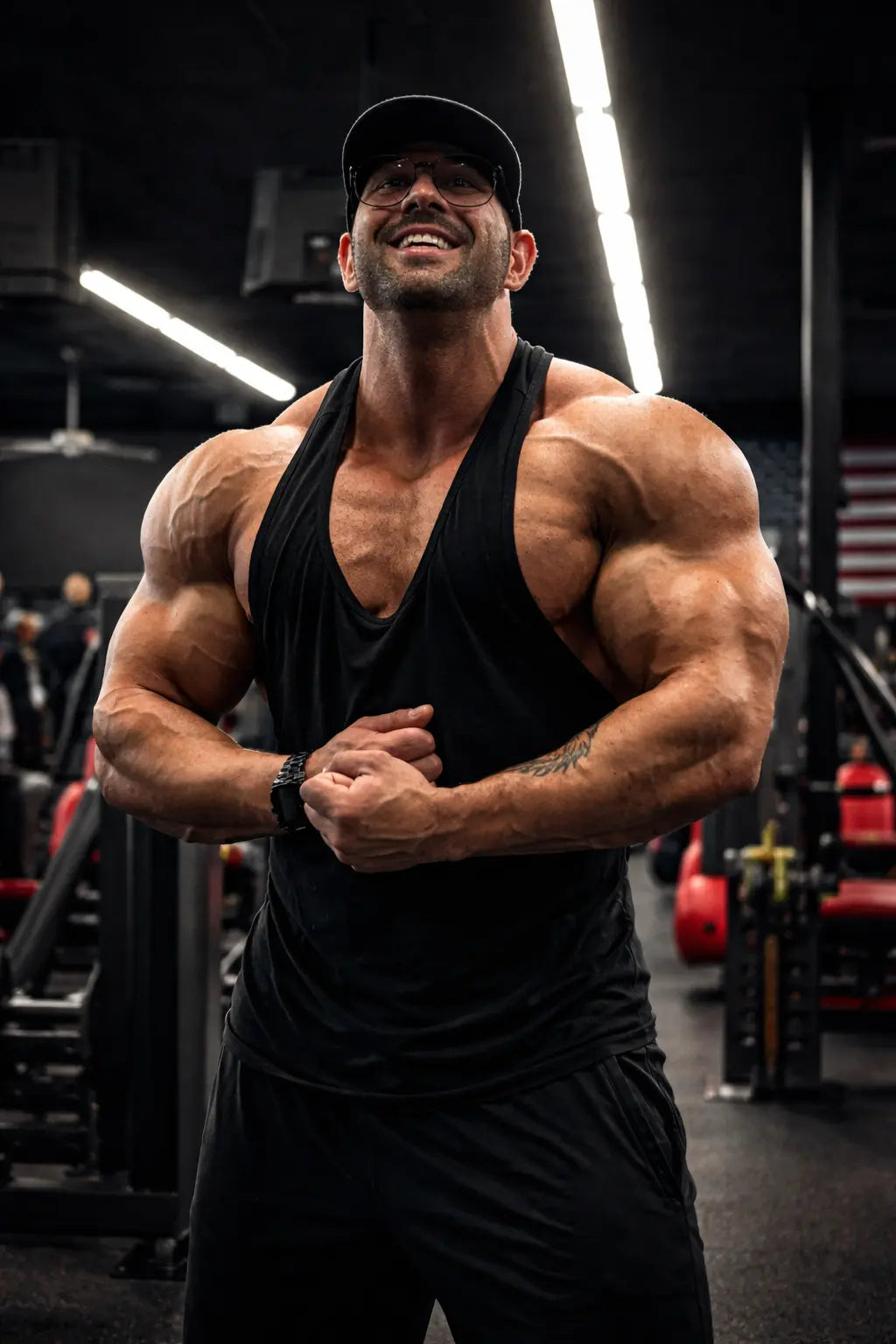 Muscular man flexing his muscles in a gym setting