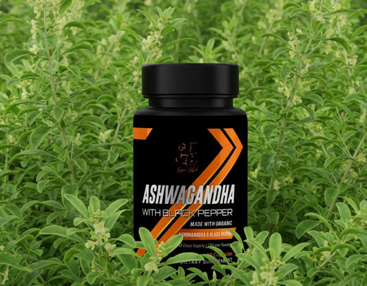Super Style Ashwagandha with Black Pepper supplement bottle placed among green herbal plants