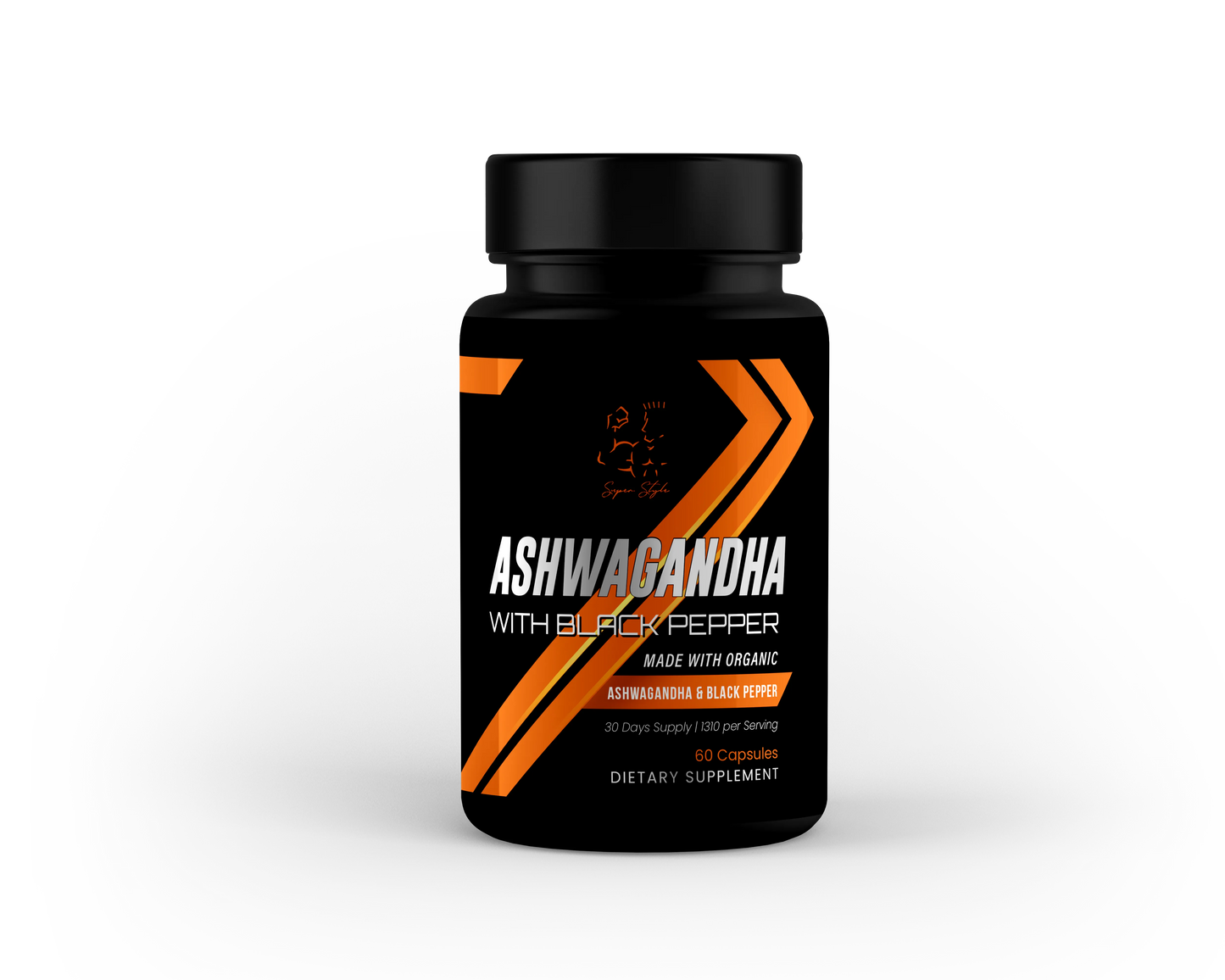 Super Style Ashwagandha with Black Pepper supplement bottle front label with orange design