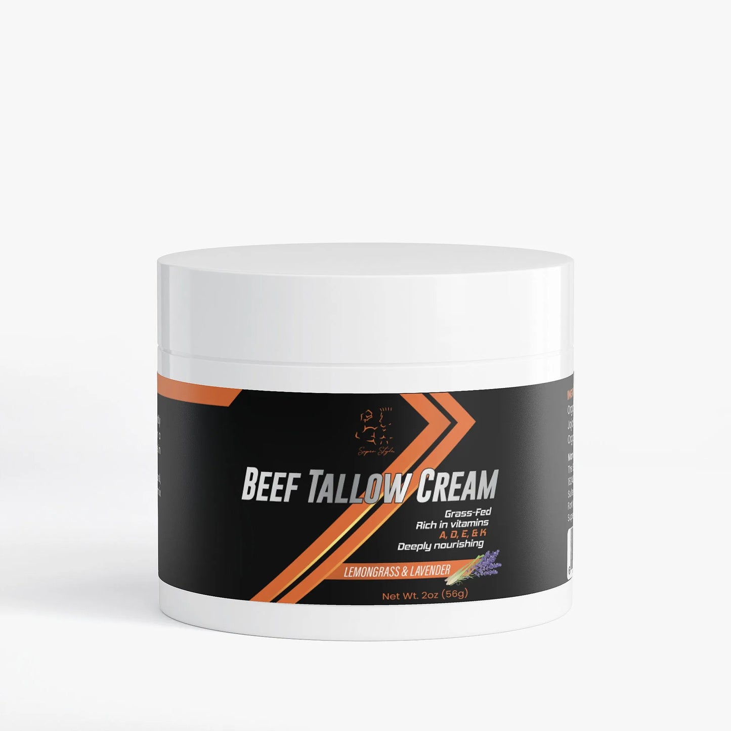 Jar of beef tallow cream with a black and orange label on a white background