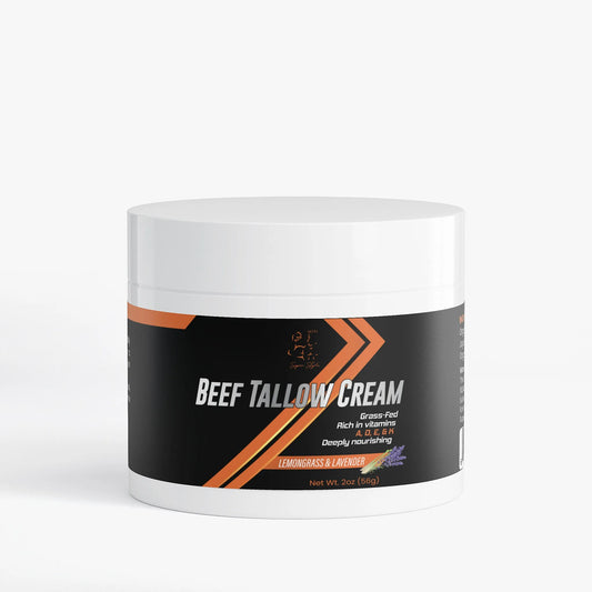 Jar of beef tallow cream with a black and orange label on a white background