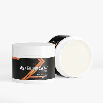 Open jar of Super Style beef tallow cream showing smooth natural moisturizer
