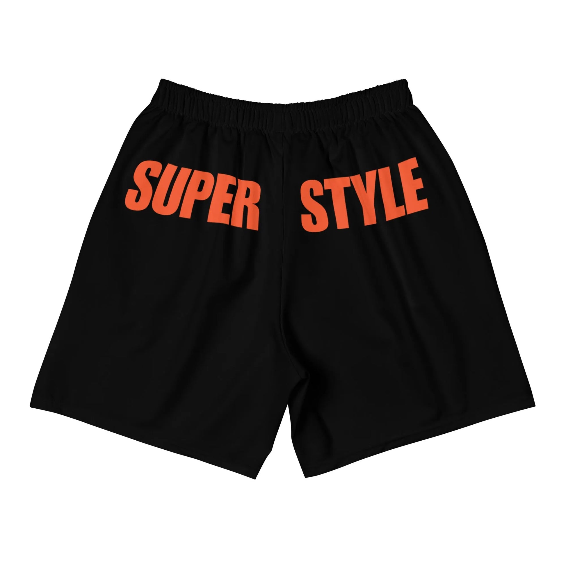 Back view of Super Style performance shorts with bold orange SUPER STYLE text.