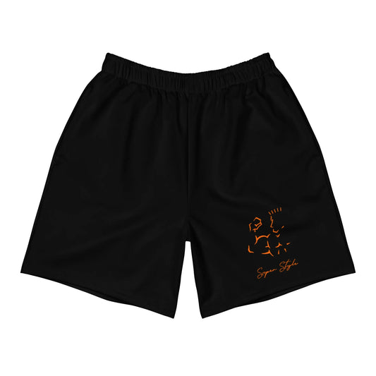 Super Style black performance shorts with orange logo — front flat lay