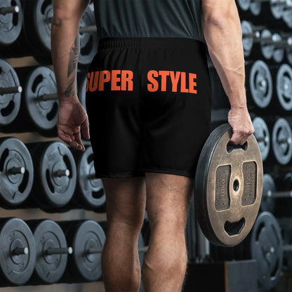 Male athlete wearing Super Style black performance shorts with rear orange branding.