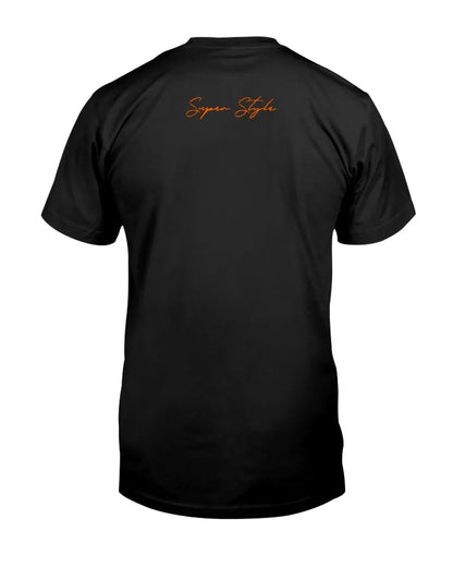 Back view of black Super Style t-shirt with orange script logo