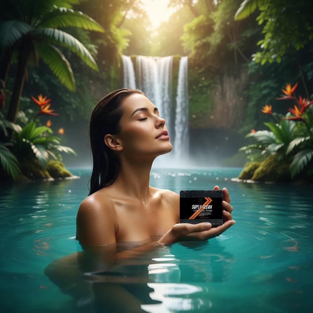 Woman holding Super Style Charcoal Soap in natural waterfall setting