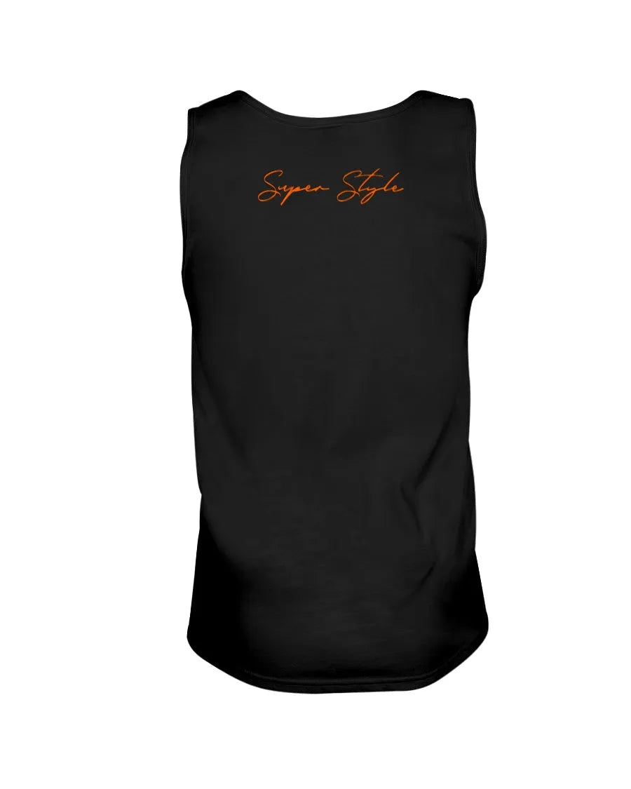 Black Chest Day Taday tank top back view with orange Super Style script at neckline