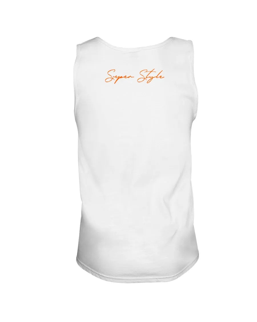 White Chest Day Taday tank top back view with orange Super Style script on neckline