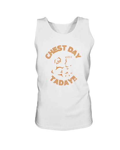 White Chest Day Taday tank top front view with orange graphic and clean Super Style layout