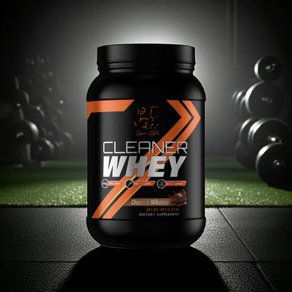 Super Style Cleaner Whey chocolate protein powder container displayed in a gym with workout equipment and dramatic lighting, highlighting strength, recovery, and premium nutrition.