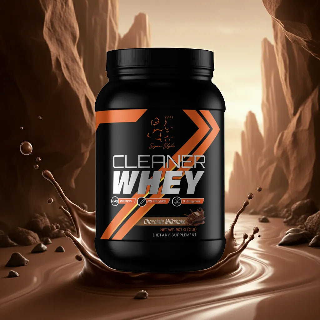 Super Style Cleaner Whey chocolate protein powder container surrounded by rich chocolate splash and canyon background, symbolizing strength, flavor, and premium fitness nutrition.