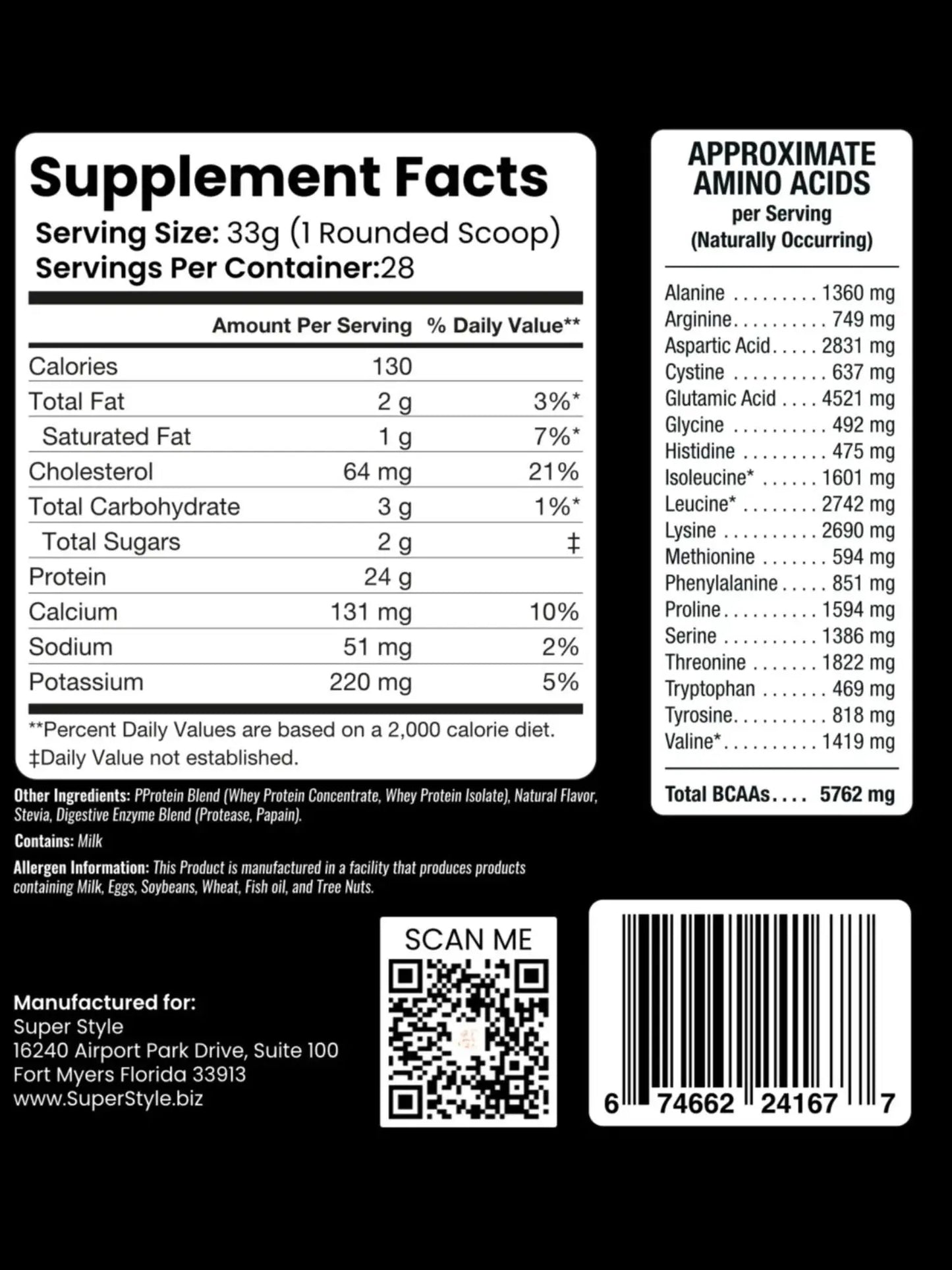 Supplement label with detailed nutritional information on a black background