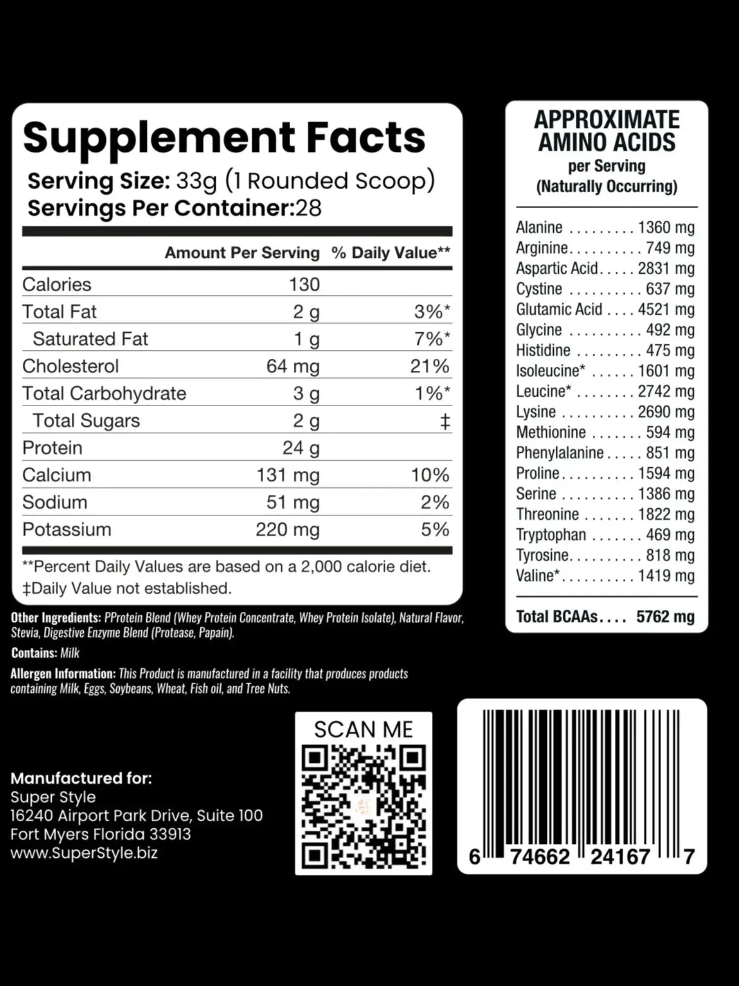 Supplement label with detailed nutritional information on a black background