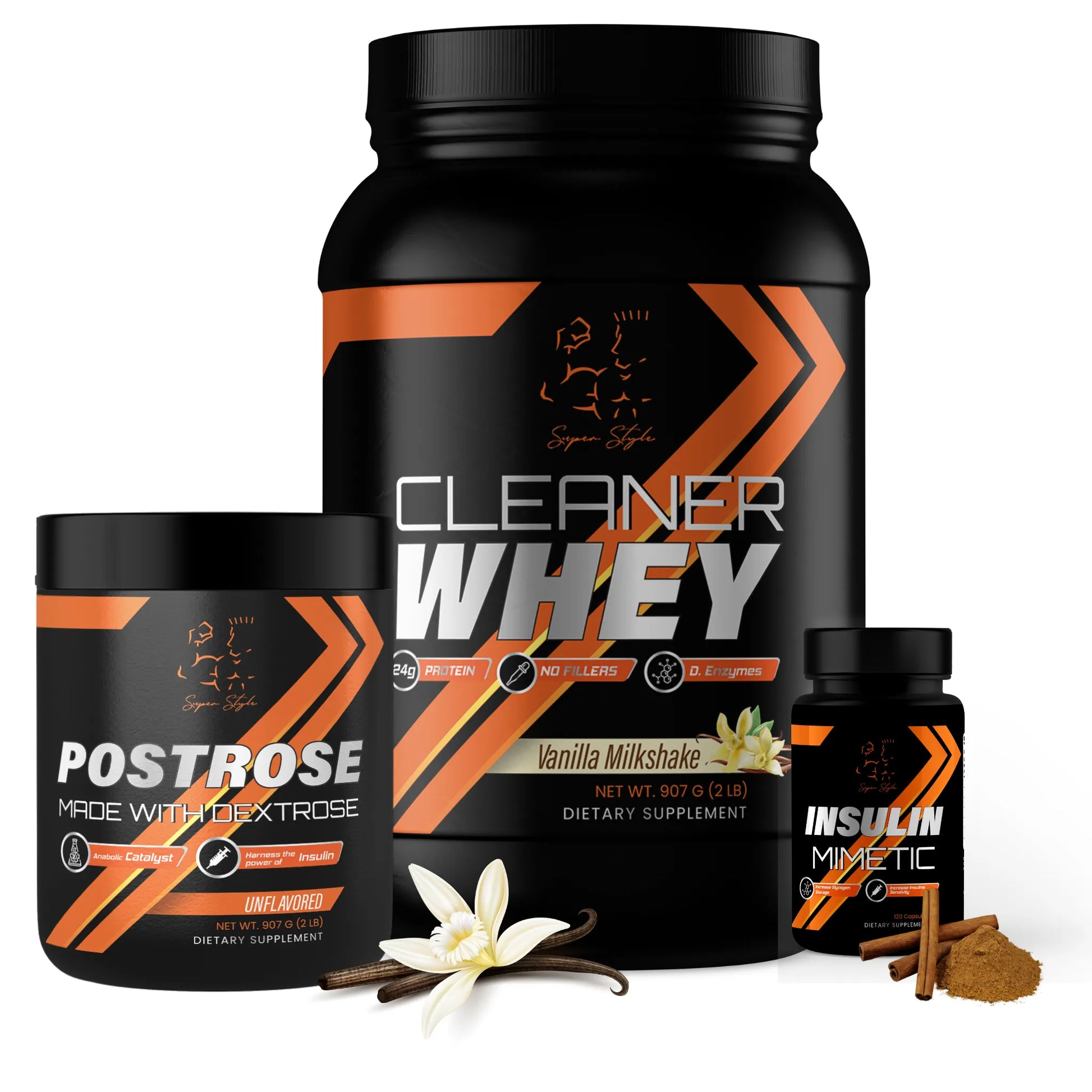 Super Style supplement stack featuring Cleaner Whey Vanilla Milkshake protein, Postrose dextrose recovery powder, and Insulin Mimetic capsules, designed to support muscle growth, recovery, and optimal nutrient absorption.