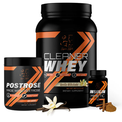 Super Style supplement stack featuring Cleaner Whey Vanilla Milkshake protein, Postrose dextrose recovery powder, and Insulin Mimetic capsules, designed to support muscle growth, recovery, and optimal nutrient absorption.