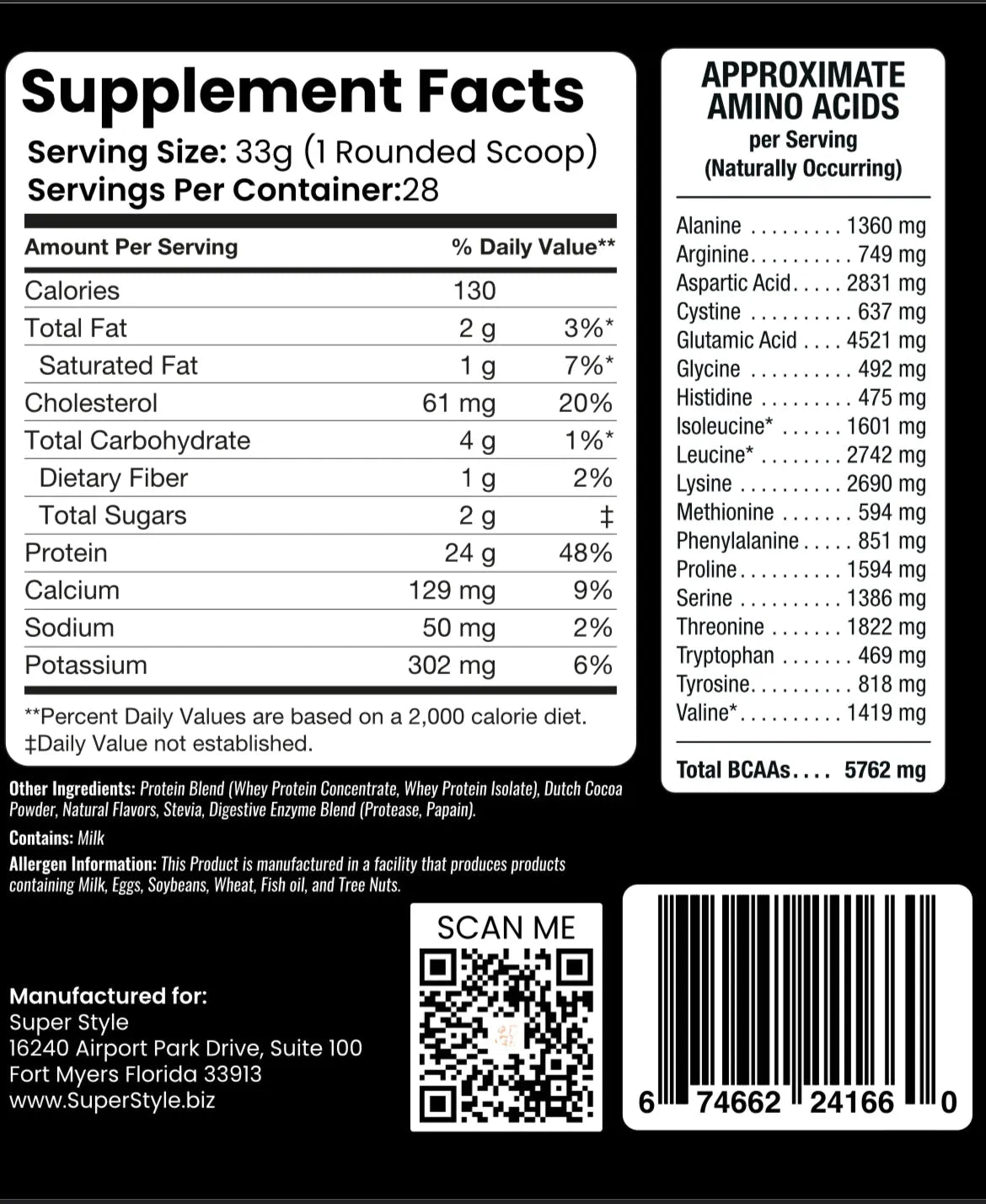 Supplement facts label for Super Style Cleaner Whey protein powder showing nutrition information, amino acid profile, and manufacturer details from Fort Myers, Florida.
