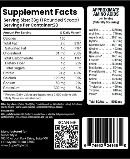Supplement facts label for Super Style Cleaner Whey protein powder showing nutrition information, amino acid profile, and manufacturer details from Fort Myers, Florida.
