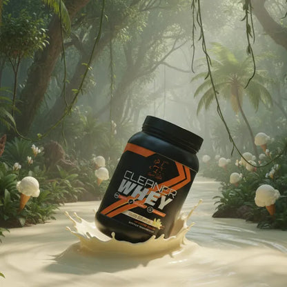 Cleaner Whey Vanilla protein powder from Super Style displayed in a jungle setting with a splash effect, showcasing clean ingredients and premium fitness nutrition.