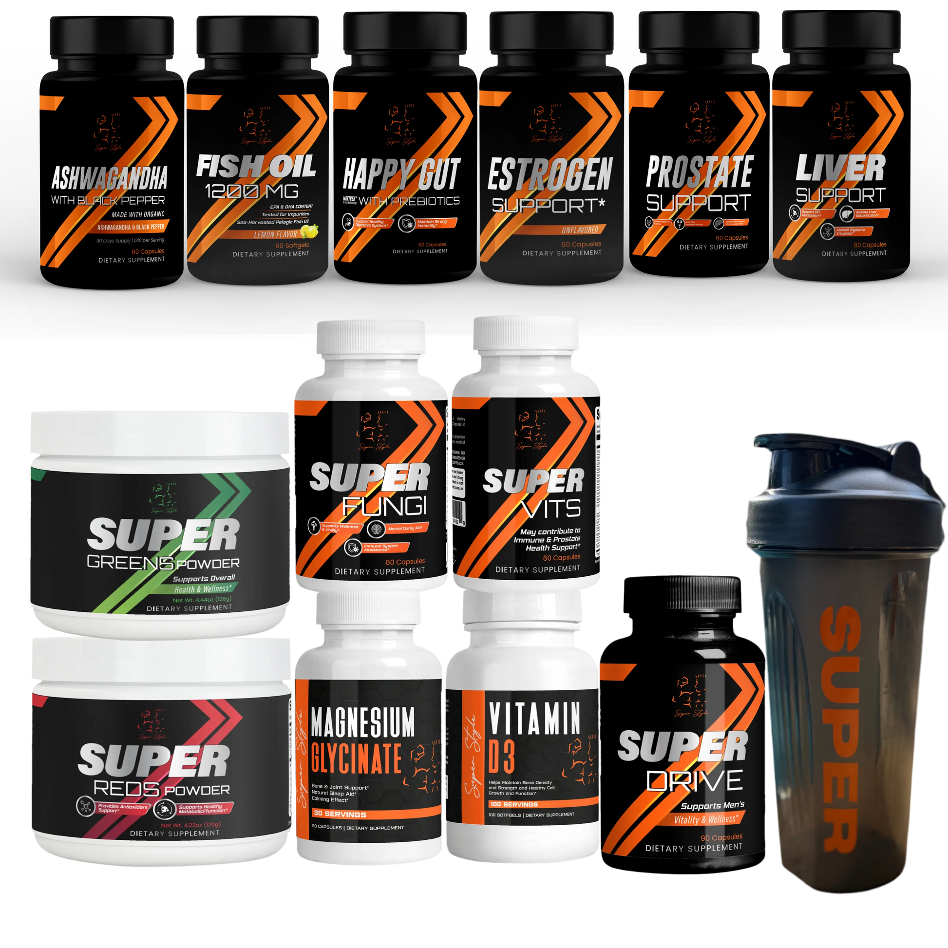 Super Style full supplement lineup including Super Greens, Super Reds, Super Vits, Super Drive, Prostate Support, Ash Oil, Happy Gut, and Magnesium Glycinate with shaker bottle, showcasing the complete wellness collection.