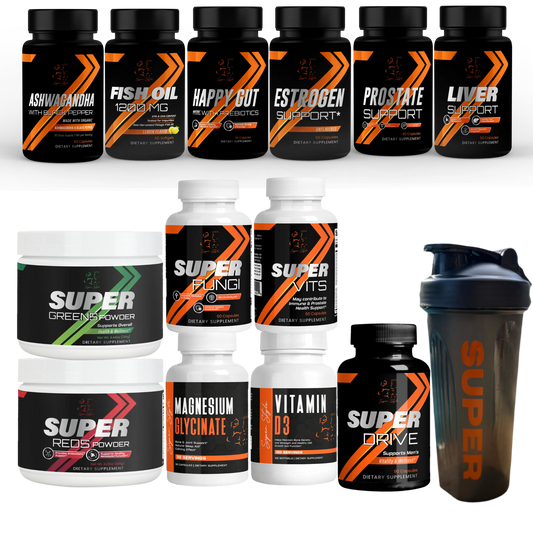 Super Style full supplement lineup including Super Greens, Super Reds, Super Vits, Super Drive, Prostate Support, Ash Oil, Happy Gut, and Magnesium Glycinate with shaker bottle, showcasing the complete wellness collection.