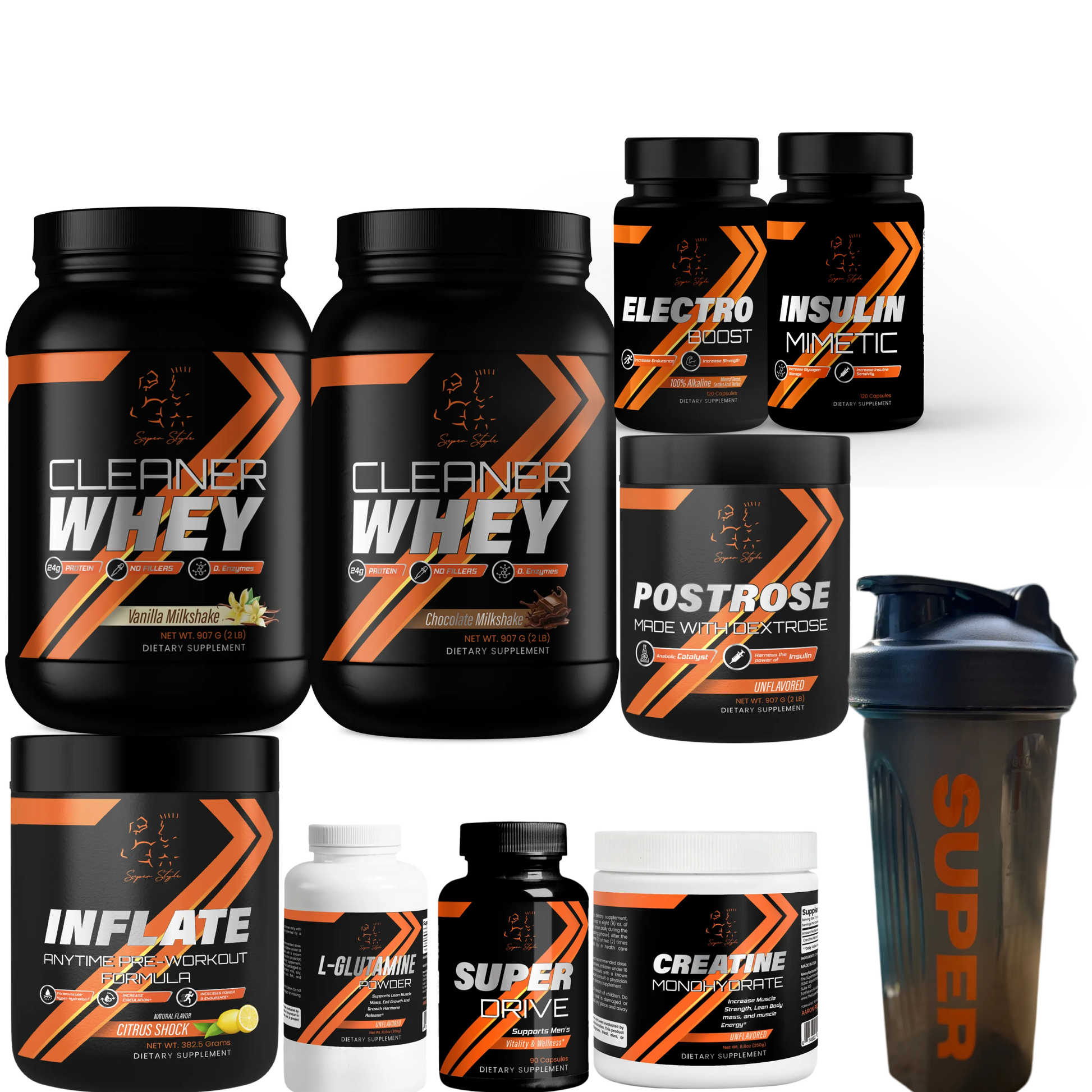 Super Style complete supplement stack including Cleaner Whey, Super Drive, Creatine Monohydrate, Inflate, Postrose, Electro Boost, and Insulin Mimetic with shaker bottle, showcasing full fitness nutrition lineup.
