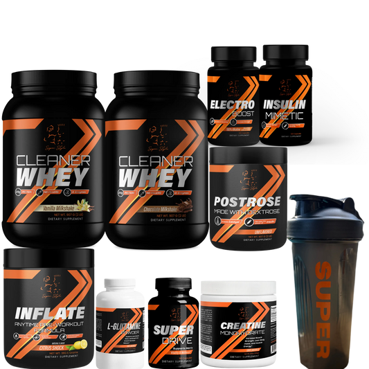 Super Style complete supplement stack including Cleaner Whey, Super Drive, Creatine Monohydrate, Inflate, Postrose, Electro Boost, and Insulin Mimetic with shaker bottle, showcasing full fitness nutrition lineup.