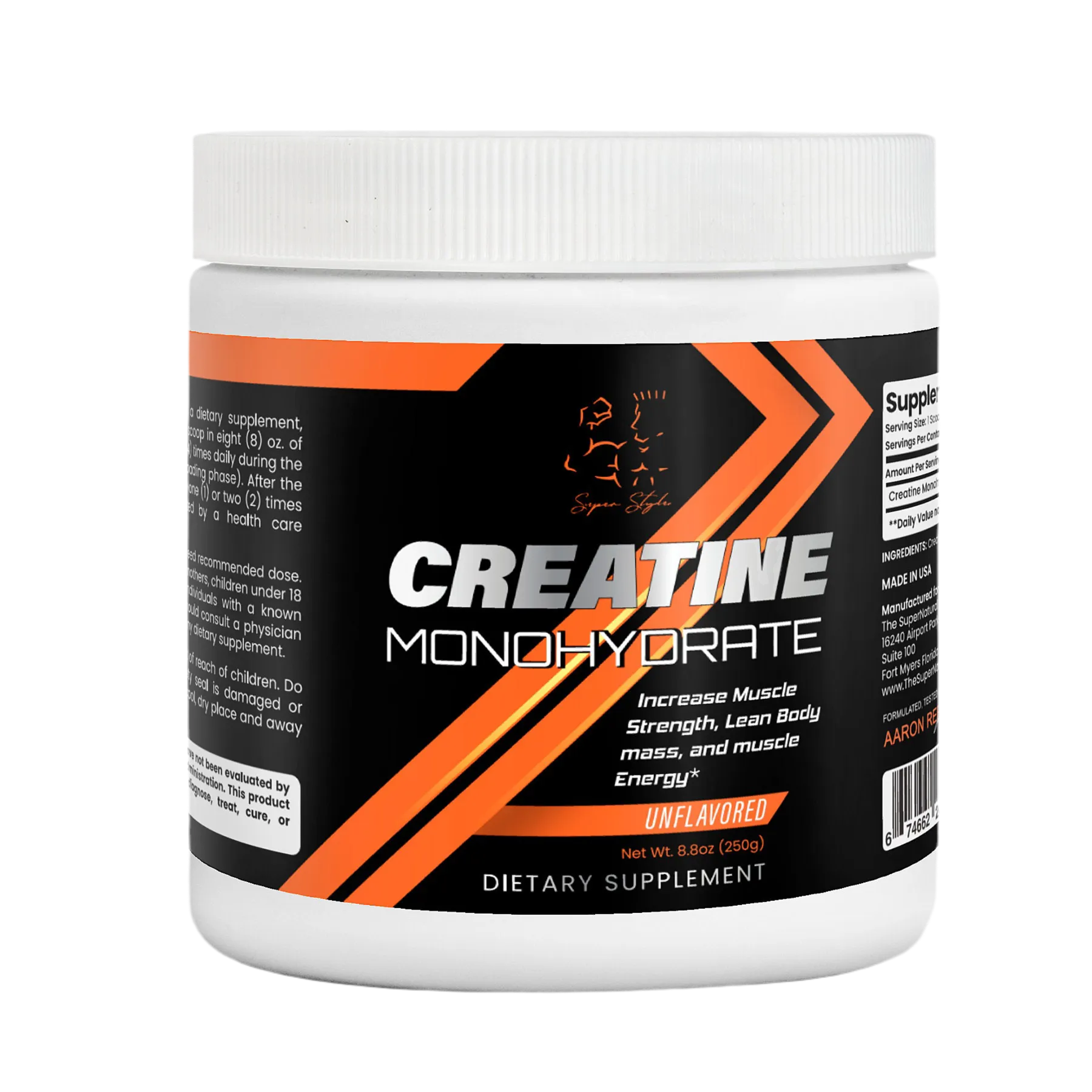 Super Style Creatine Monohydrate unflavored dietary supplement container designed to support muscle strength, lean body mass, and workout energy.