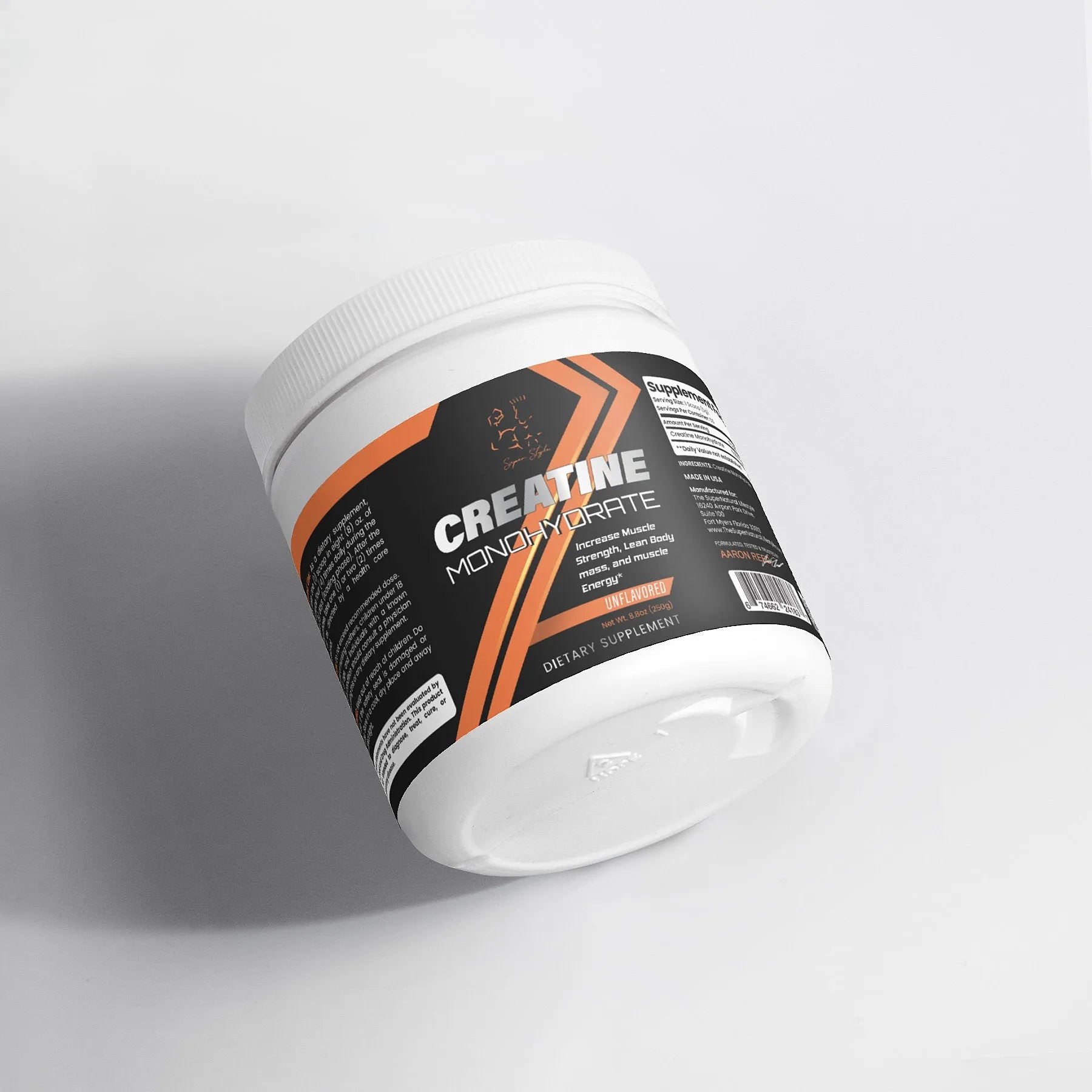 Super Style Creatine Monohydrate supplement jar with black and orange label, 250g unflavored powder.